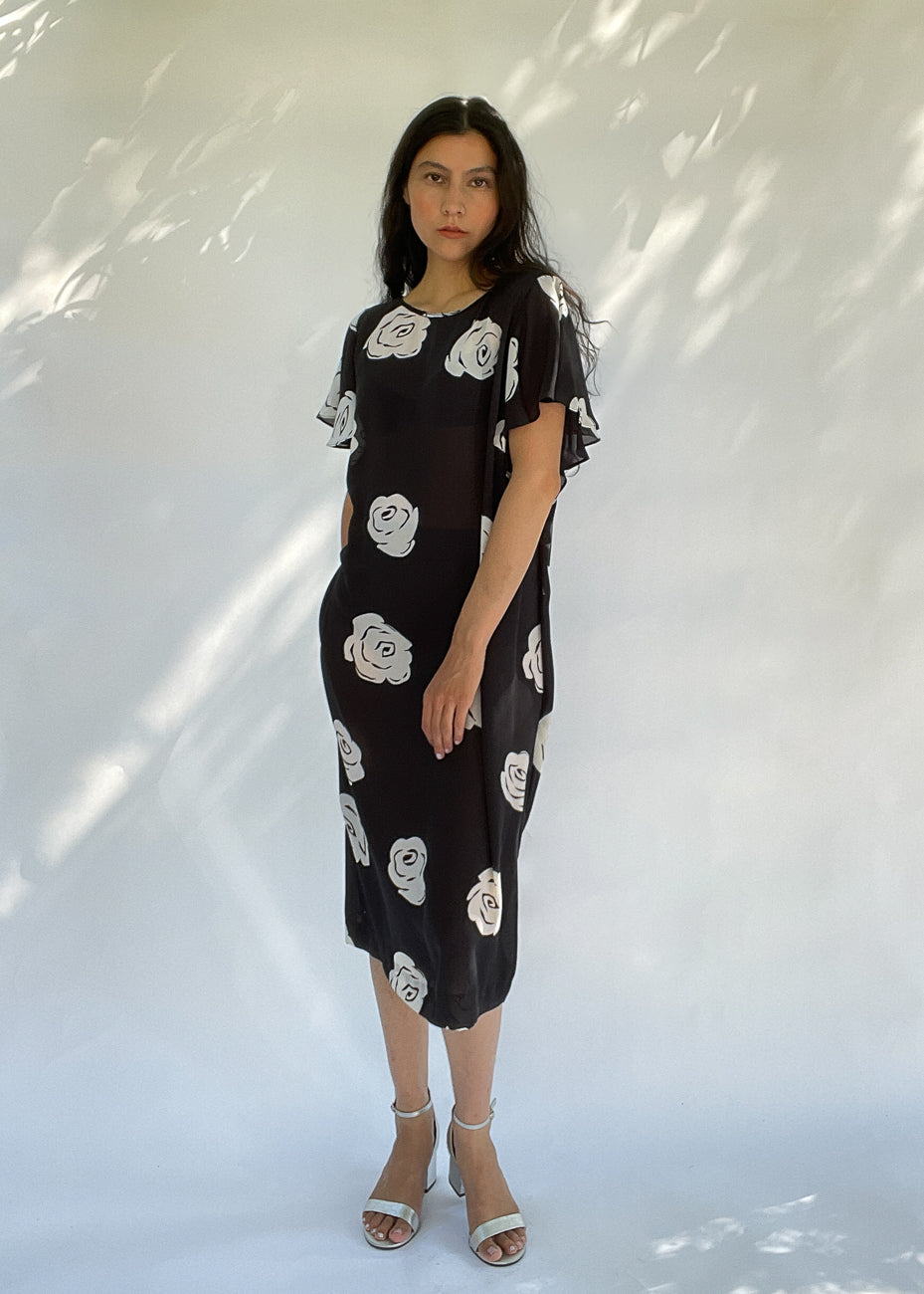 Vintage Sheer Black Floral Print Dress | XS - L
