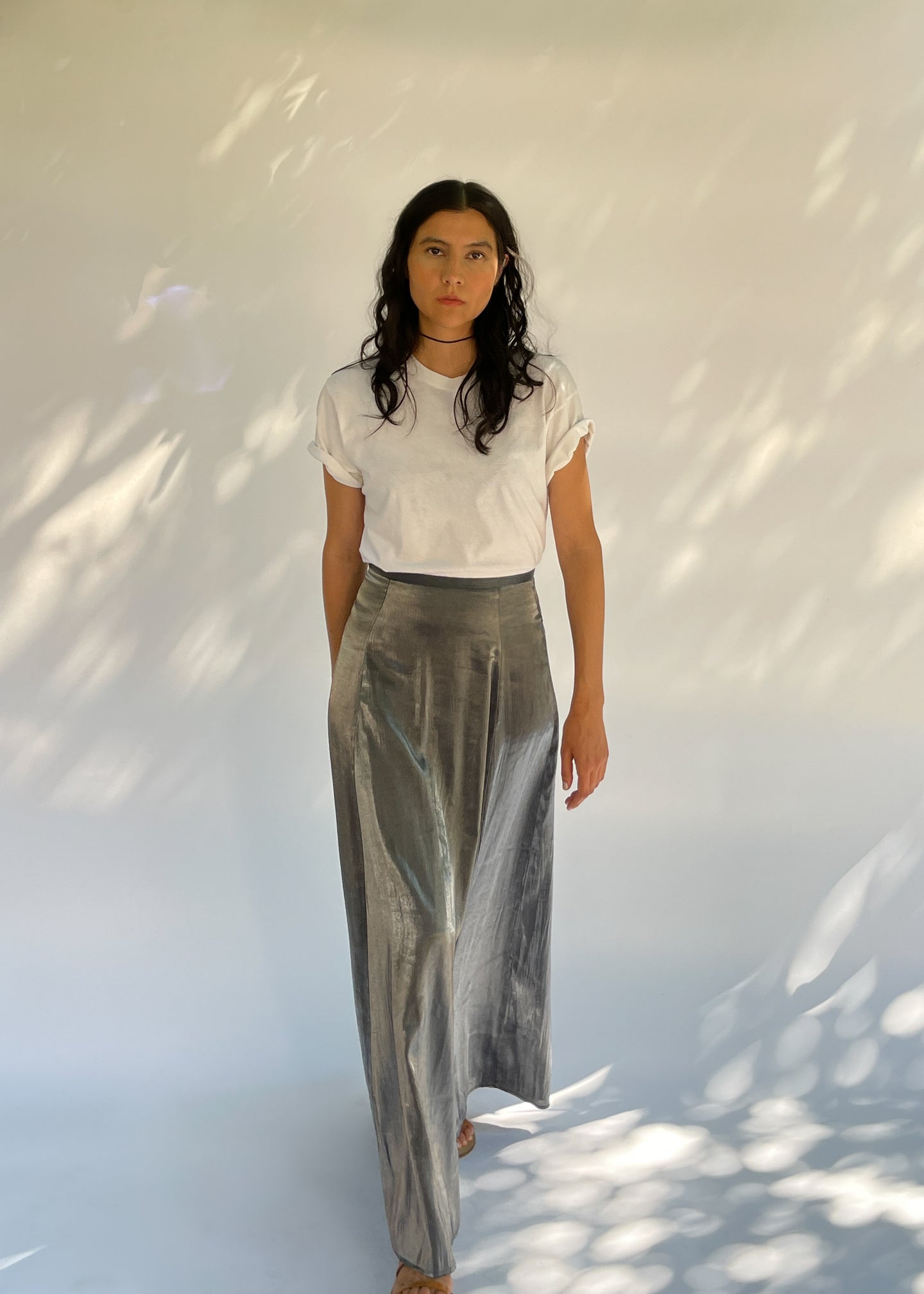 Vintage 90's Metallic Silver Maxi Skirt | XS - M