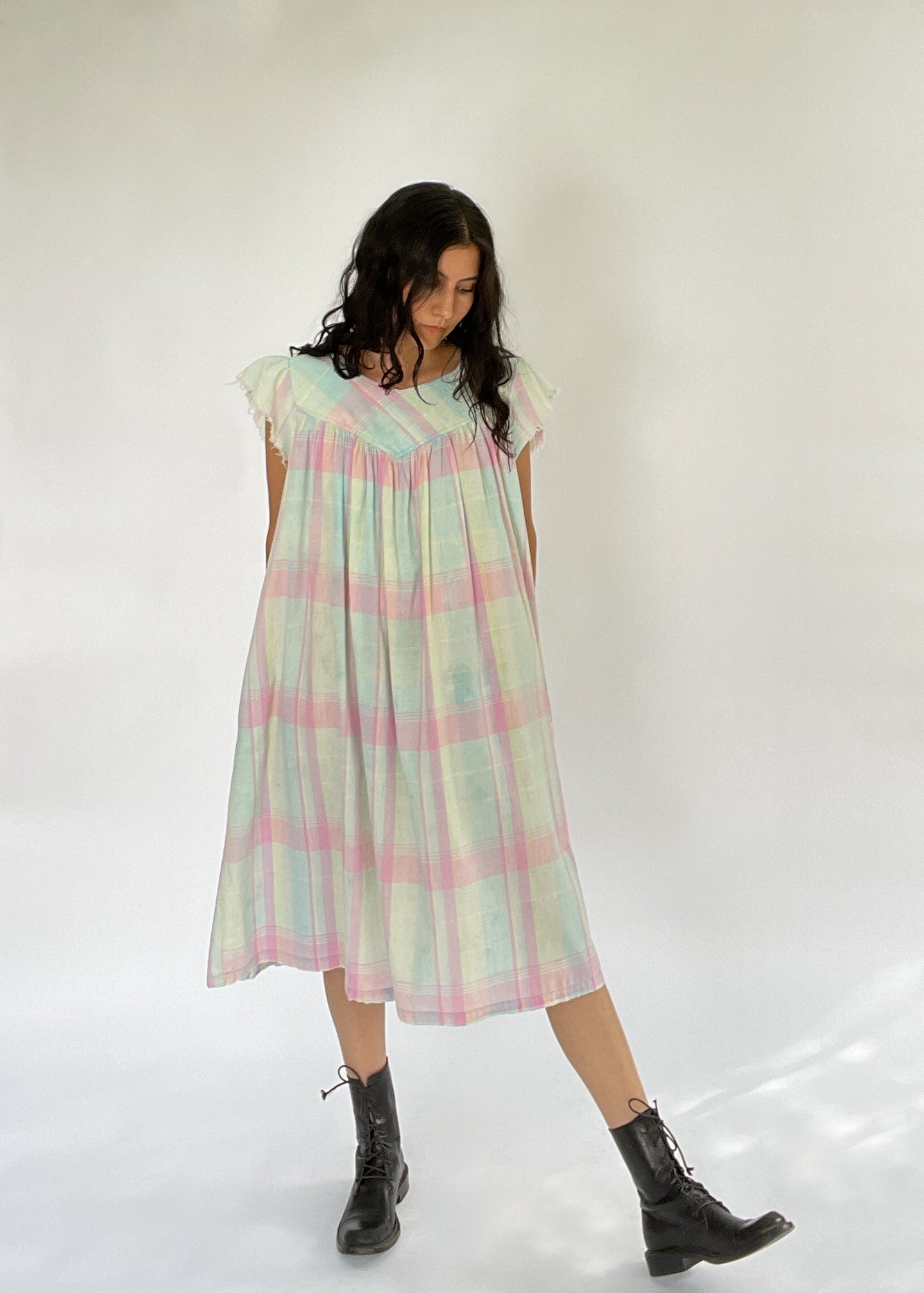 Vintage Pastel Plaid Cotton Dress | XS - L